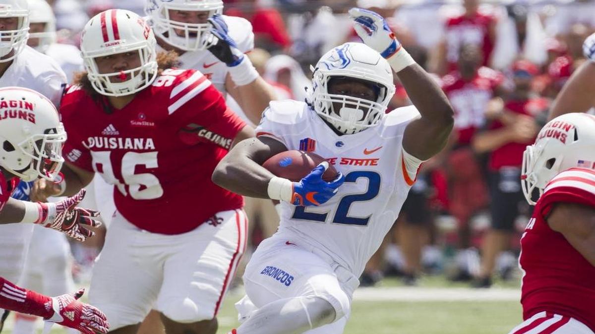 Boise State running back Alexander Mattison changes direction on the Louisiana defense during the second half of the Broncos' season opening 45-10 win in Lafayette Saturday Sept. 3, 2016.