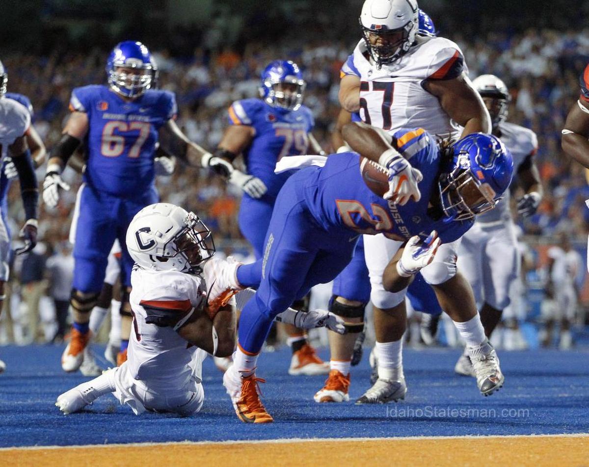 Boise State running back Alexander Mattison (22) dives into the end zone for a Bronco touchdown in the second quarter against UConn Saturday, Sept. 8, 2018 at Albertsons Stadium in Boise.