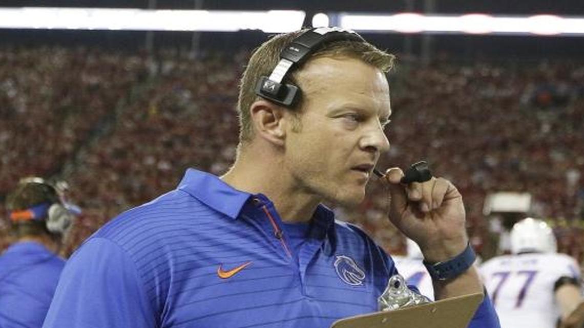 Boise State coach Bryan Harsin walks on the sideline during the first half of the Washington State game Saturday in Pullman, Wash.
