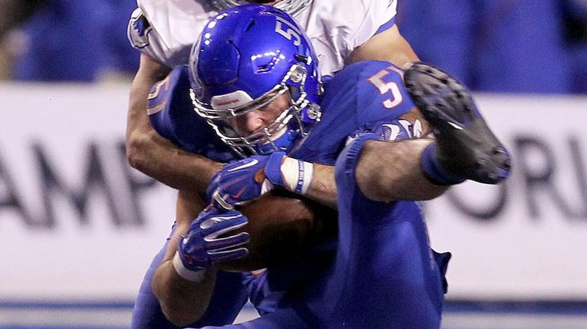 Boise State linebacker Ben Weaver intercepts an Air Force pass in the fourth quarter Nov. 20 at Albertsons Stadium.