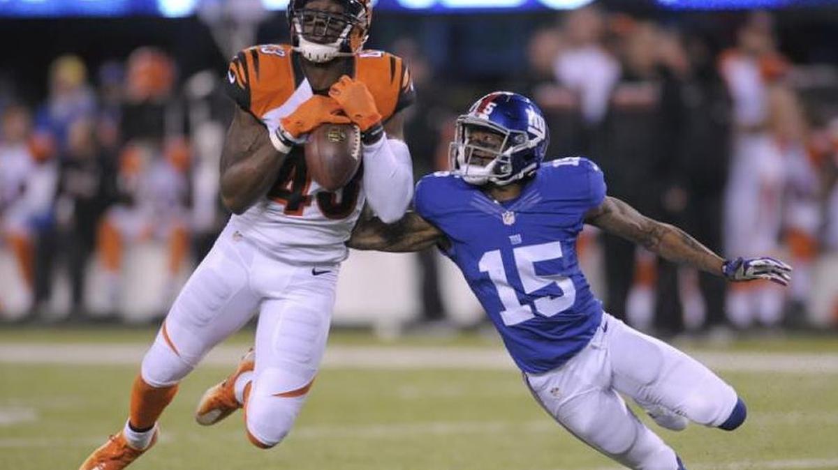 Cincinnati Bengals free safety George Iloka intercepts a pass intended for New York Giants wide receiver Tavarres King during the fourth quarter Nov. 14, 2016, in East Rutherford, N.J.
