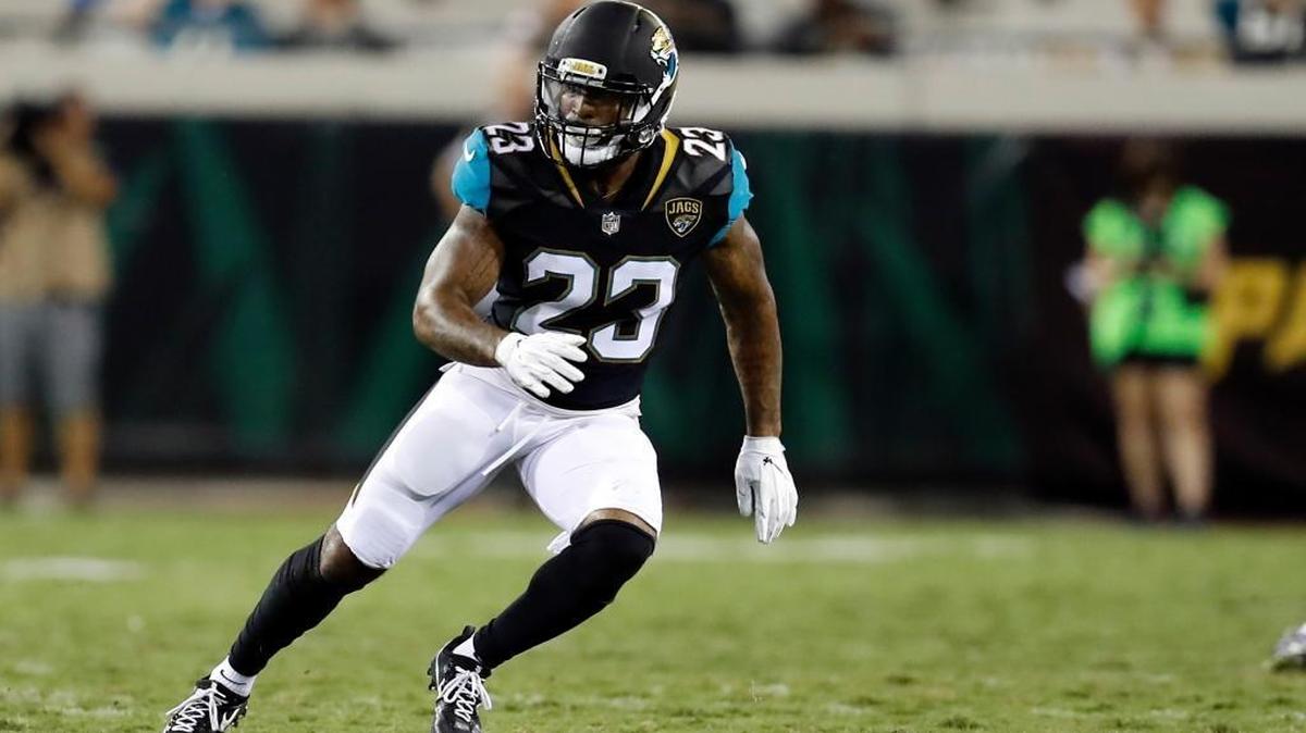 Jacksonville Jaguars safety Jeron Johnson plays against the Tampa Bay Buccaneers during the second half of a preseason game Thursday in Jacksonville, Fla.