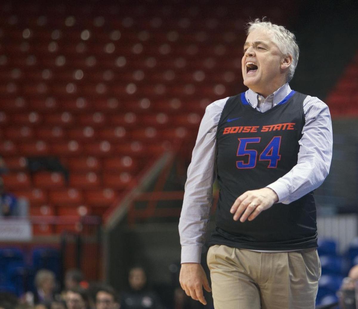 Boise State women’s basketball coach Gordy Presnell shouts out the offense during the Broncos’ 64-53 win against San Diego State. Presnell wore jersey No. 54 in honor of injured senior Brooke Wheeler.