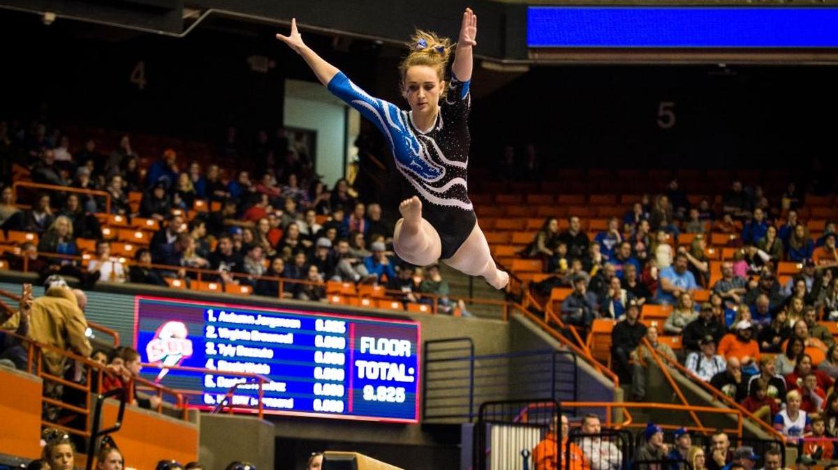 Boise State sophomore Shani Remme performs on the balance beam during a meet against Southern Utah at Taco Bell Arena in Boise.