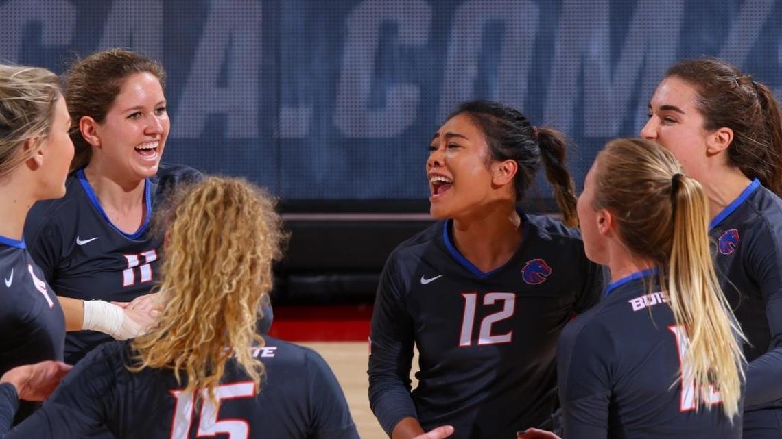 The Boise State volleyball team celebrates during its first-round NCAA Tournament victory over Western Kentucky on Friday, Dec. 2, 2016.