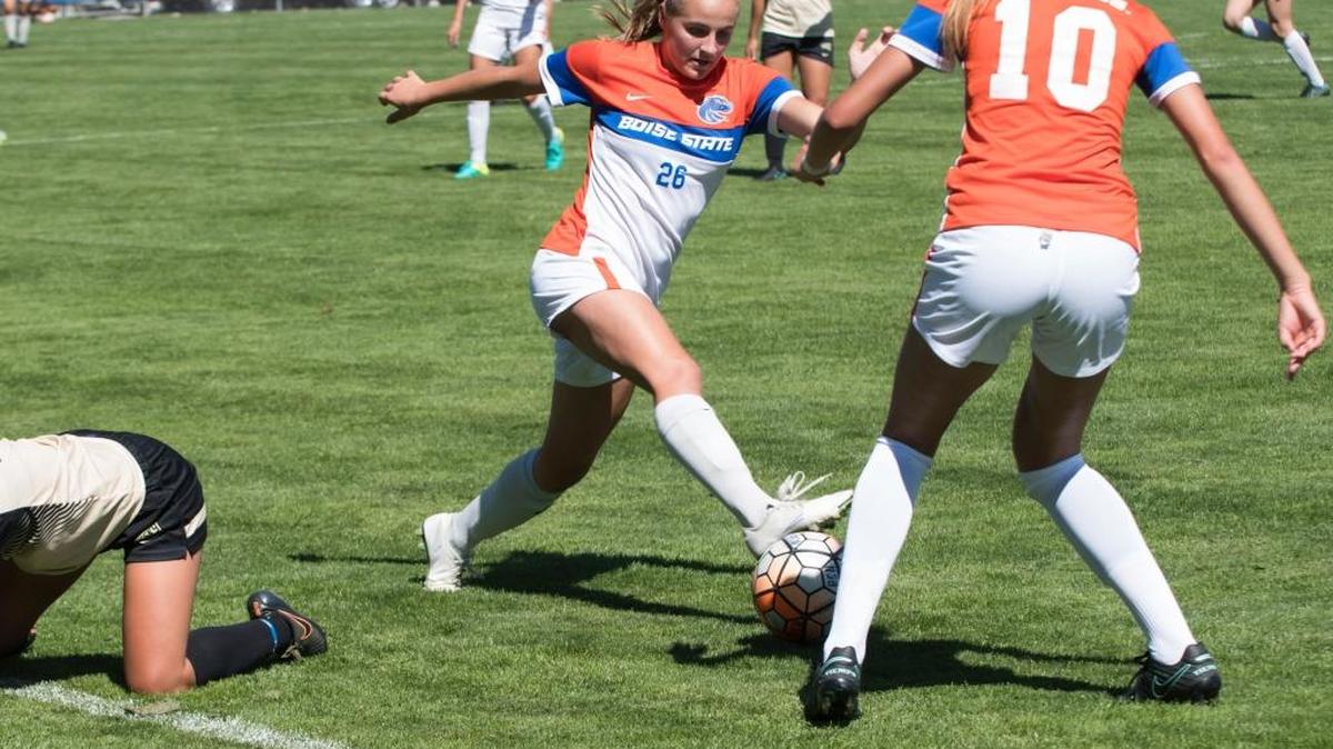 Boise State’s Raimee Sherle (Rocky Mountain High), left, took four shots for Boise State in Sunday’s game against Idaho.