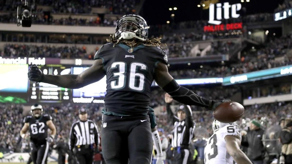 Former Boise State running back Jay Ajayi celebrates scoring a touchdown against the Oakland Raiders on Dec. 25 in Philadelphia.