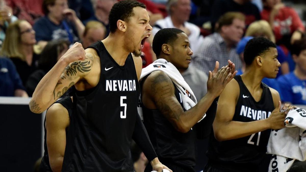 Nevada's Kaileb Rodriguez (5) cheers from the bench after a basket during the second half of an NCAA college basketball game against San Diego State in the semifinals at the Mountain West Conference tournament Friday, March 11, 2016, in Las Vegas. San Diego State won 67-55.