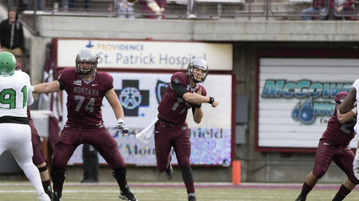 Montana quarterback Makena Simis (17) throws a pass against North Dakota in the first half of an NCAA college football game Saturday, Oct. 24, 2015, in Missoula, Mont. Montana defeated North Dakota, 42-16.