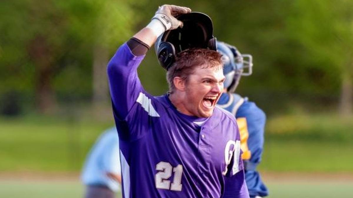 The College of Idaho’s Mitch Skaggs celebrates hiting the go-ahead home run in the eighth inning of a 3-1 victory over Corban.