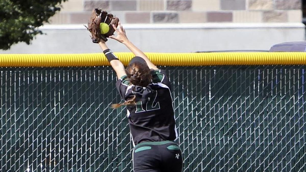 Eagle’s Maddie Strickler makes a catch at the wall against Rocky Mountain in the 5A state championship game May 22 at Mountain View High.