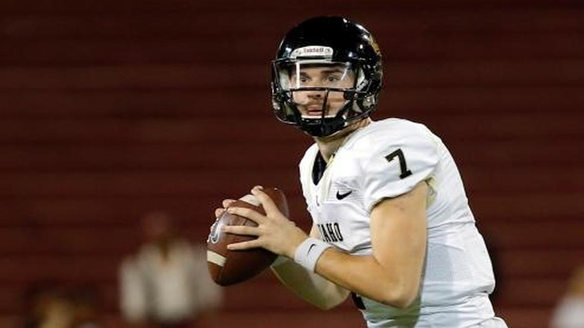 Idaho quarterback Jake Luton searches for a receiver during the second half of an Oct. 31, 2015, game against New Mexico State in Las Cruces, N.M. New Mexico State won 55-48.