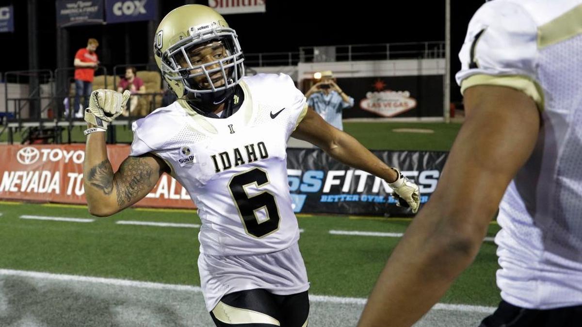 Idaho wide receiver Callen Hightower celebrates after scoring the game-winning, overtime touchdown against UNLV on Saturday, Sept. 24, 2016, in Las Vegas. Idaho won 33-30.