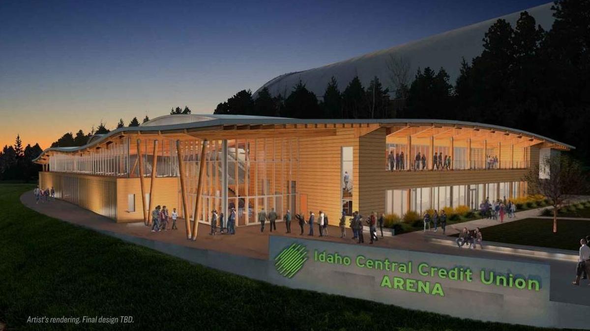 An artist’s rendering shows what the exterior of the University of Idaho’s new basketball facility might look like.
