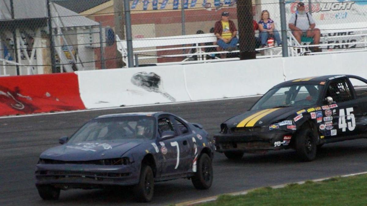 Josh Randolph (45) chases down Katie Lober in the Rookie Hornets trophy dash May 7 at Meridian Speedway. Randolph also won the main event later that night. Hornets return to the track May 21.