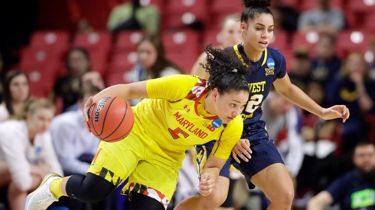 Maryland guard Destiny Slocum, left, drives around West Virginia guard Chania Ray in the first half of a second-round game in the women's NCAA college basketball tournament in College Park, Md., Sunday, March 19, 2017.