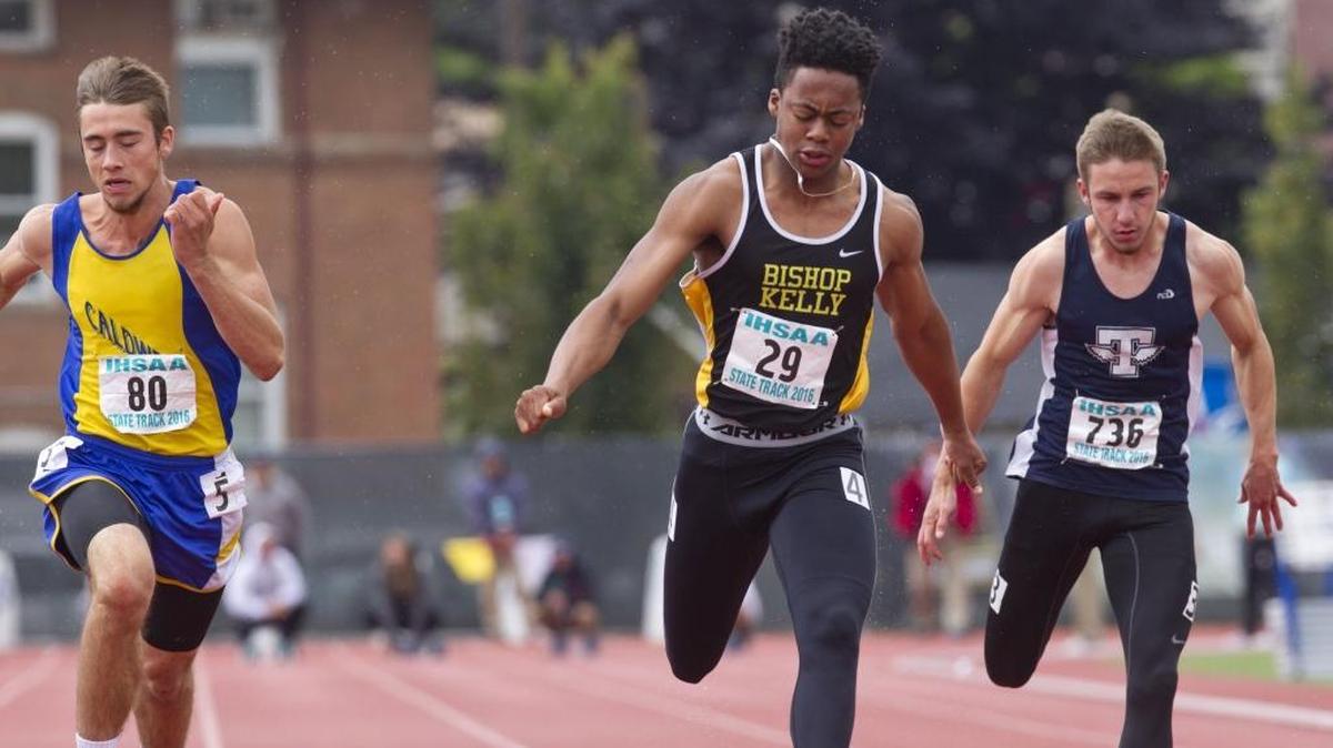 Bishop Kelly’s Khalil Forehand, center, finished with three gold medals at the 4A state meet in 2016 (100, 200 and 4x100). He finished second in the 100 and fourth in the 200 last year, but he's run the second-fastest time in 4A this season, 0.01 seconds behind defending state champ Muamer Mujic of Twin Falls.
