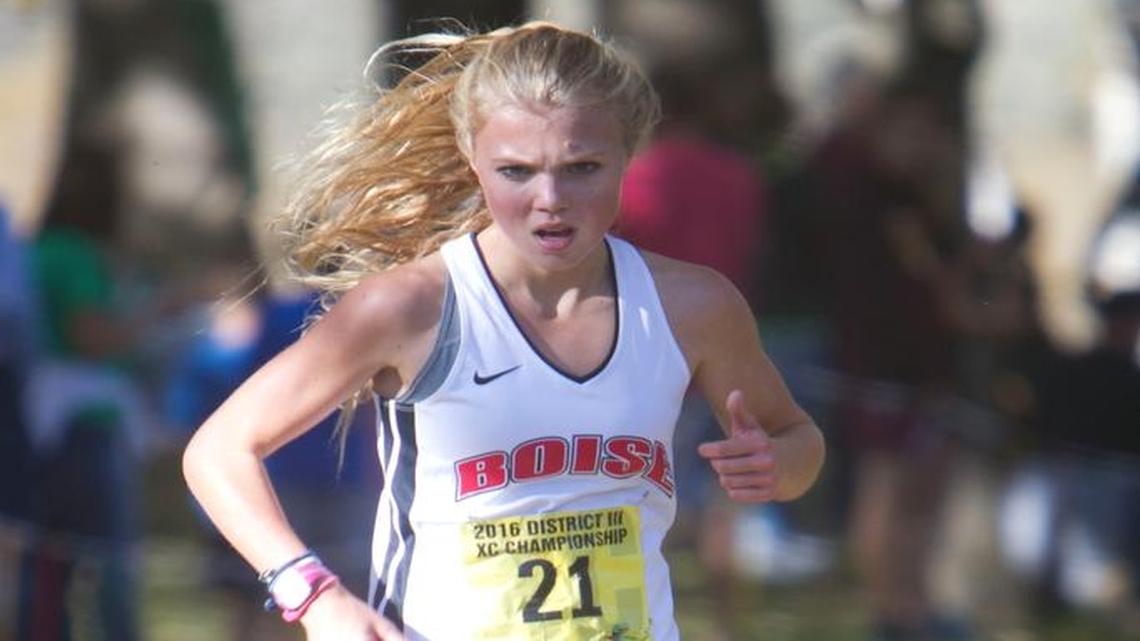 Eve Jensen won the 5A District Three cross country meet at Eagle Island State Park.