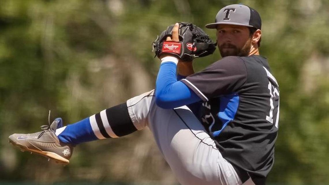 Timberline’s Jake Randall pitches against Lake City in the first round of the 5A baseball state tournament at Memorial Stadium on May 19.