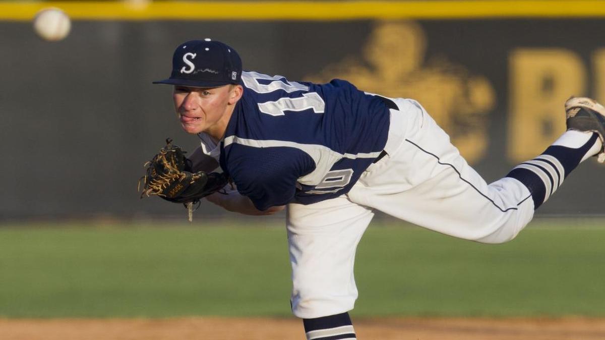 Sage Diehm delivers a pitch for Skyview High as a senior in 2015 against Twin Falls in the 4A state semifinals at Bishop Kelly High.