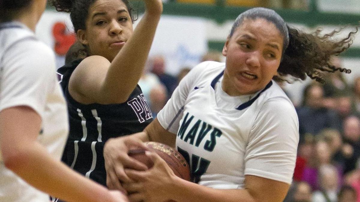 Mountain View’s Destiny Slocum, right, battles for control of the ball during the Mavericks’ 73-64 win over Centennial in the 5A District Three girls basketball championship Friday at Eagle High.