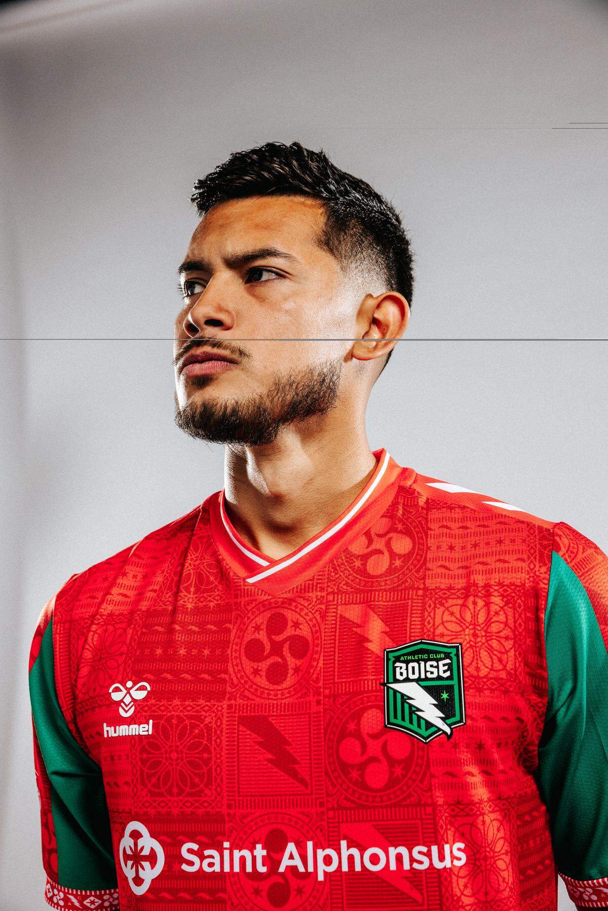 Goalkeeper Javier Garcia models Athletic Club Boise’s Basque-inspired goalkeeper kit during the team’s media day.
