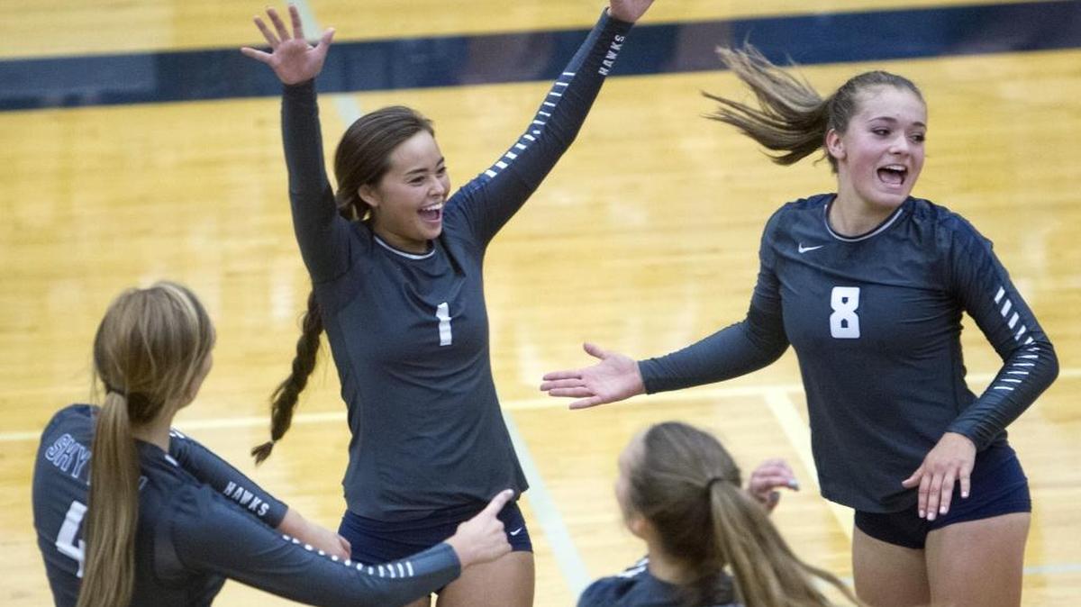 Skyview is seeking its second straight 4A state championship this season. Earlier this fall, Hana Naito (1), Whitney Bower (8), Olivia Bradley (4) and Karen Murphy (5) celebrate a point.