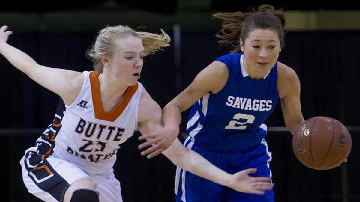 Salmon River’s Maddy Tucker, center, is the 2016-17 1A Division II Long Pin Conference girls basketball player of the year.
