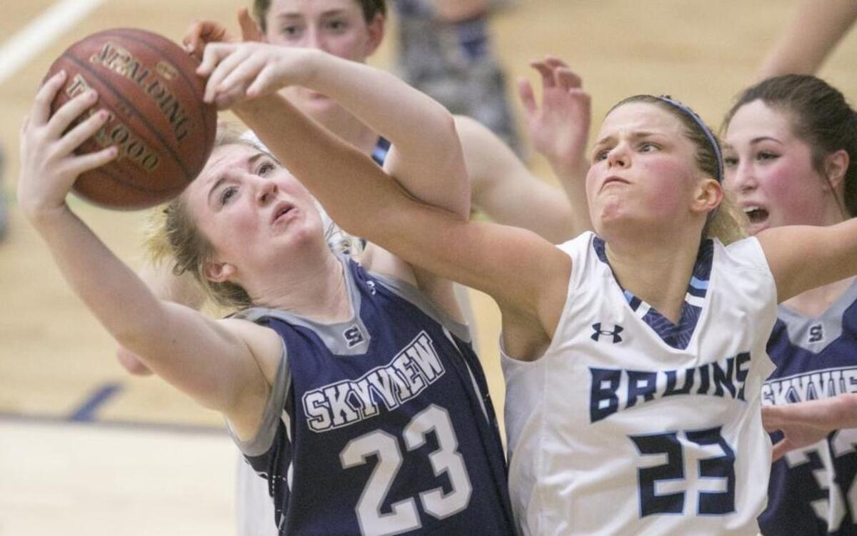 Skyview’s Kelsey Higgins, left, fights for a rebound against Twin Fall’s Maddie Aardema during the 4A state basketball tournament at Mountain View.