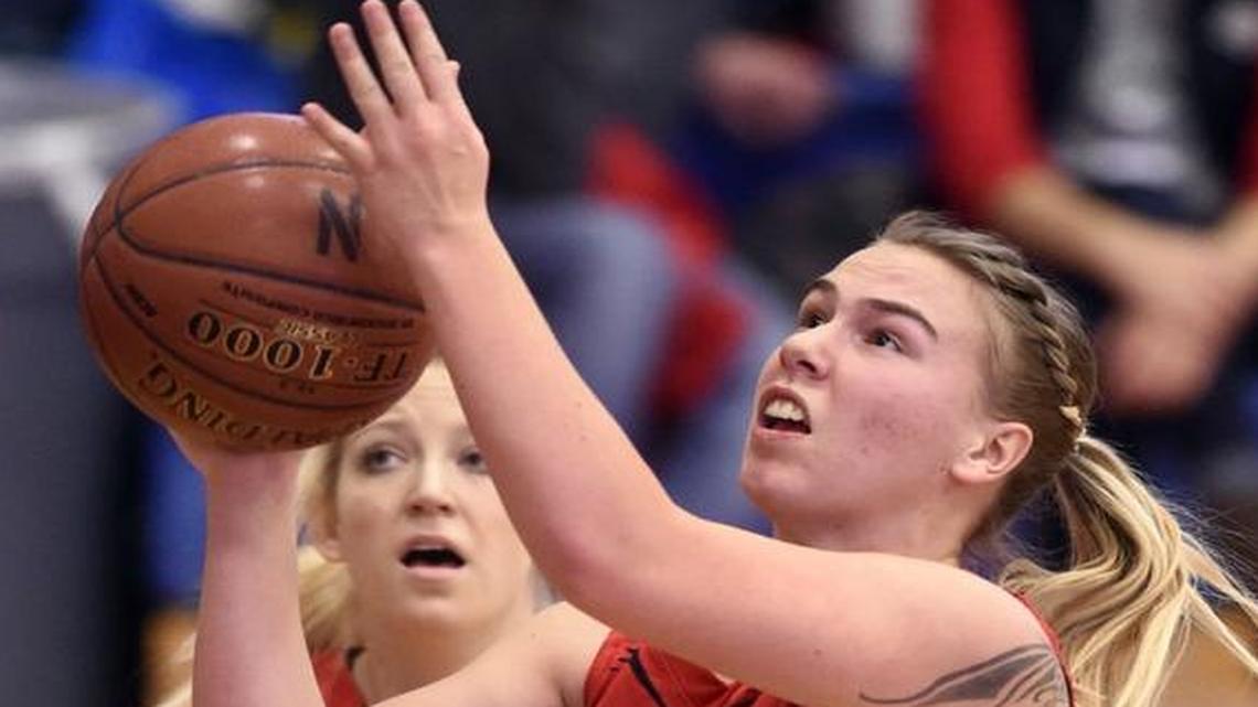 Richfield senior April Wood shoots against Rockland during the 1A Division II state semifinals Feb. 19 at Nampa High.