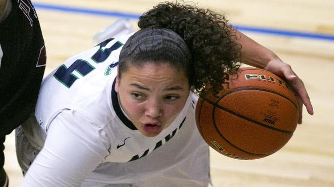 Mountain View High’s Destiny Slocum drives to the basket against Centennial on Jan. 5 at Mountain View High.