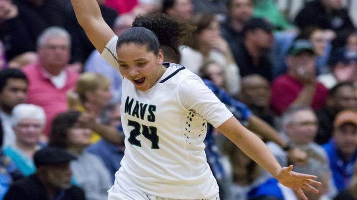 Mountain View guard Destiny Slocum celebrates a 3-pointer, one of six she made in the Mavericks’ 73-64 victory over Centennial in the 5A District Three tournament championship Friday at Eagle High.
