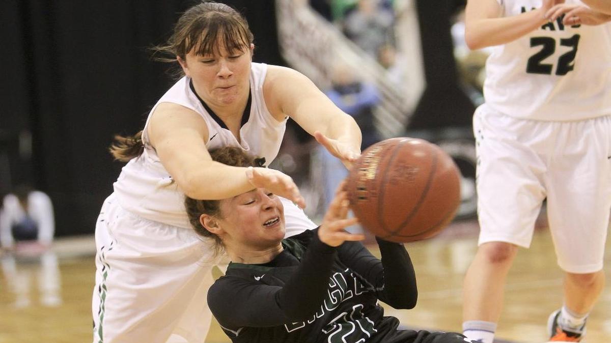 Eagle’s Cassidy Tiegs, bottom, and Mountain View’s Abby Kreiser battle for possession in last year’s 5A state semifinals. The two players and teams will battle for the top spot in the 5A Southern Idaho Conference all season, according to a vote of the conference coaches.