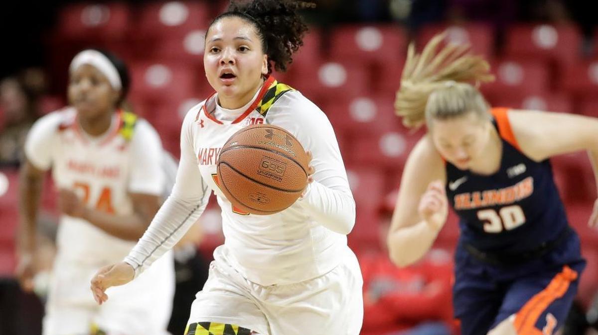 Maryland guard Destiny Slocum (Mountain View High) races up court during a college basketball game against Illinois on Thursday, Feb. 9, 2017, in College Park, Md. On Monday, Slocum was voted the Big Ten Freshman of the Year.