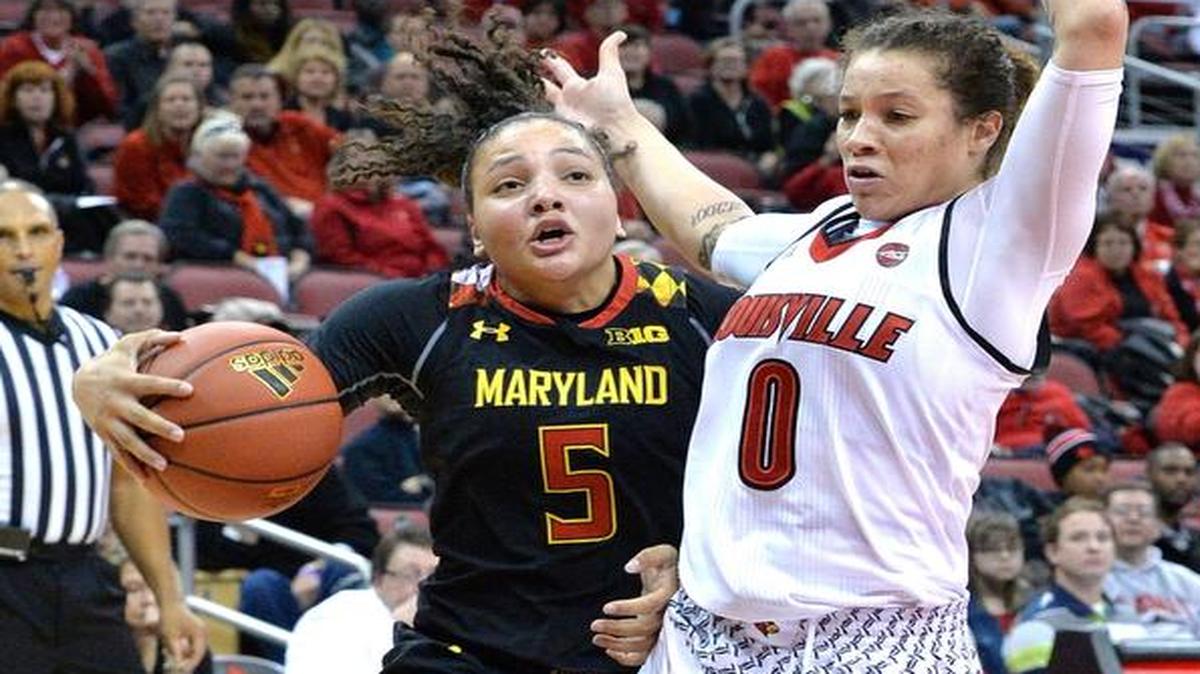 Louisville’s Briahanna Jackson (0) attempts to block out Maryland’s Destiny Slocum (5) during the second half Thursday in Louisville, Ky.
