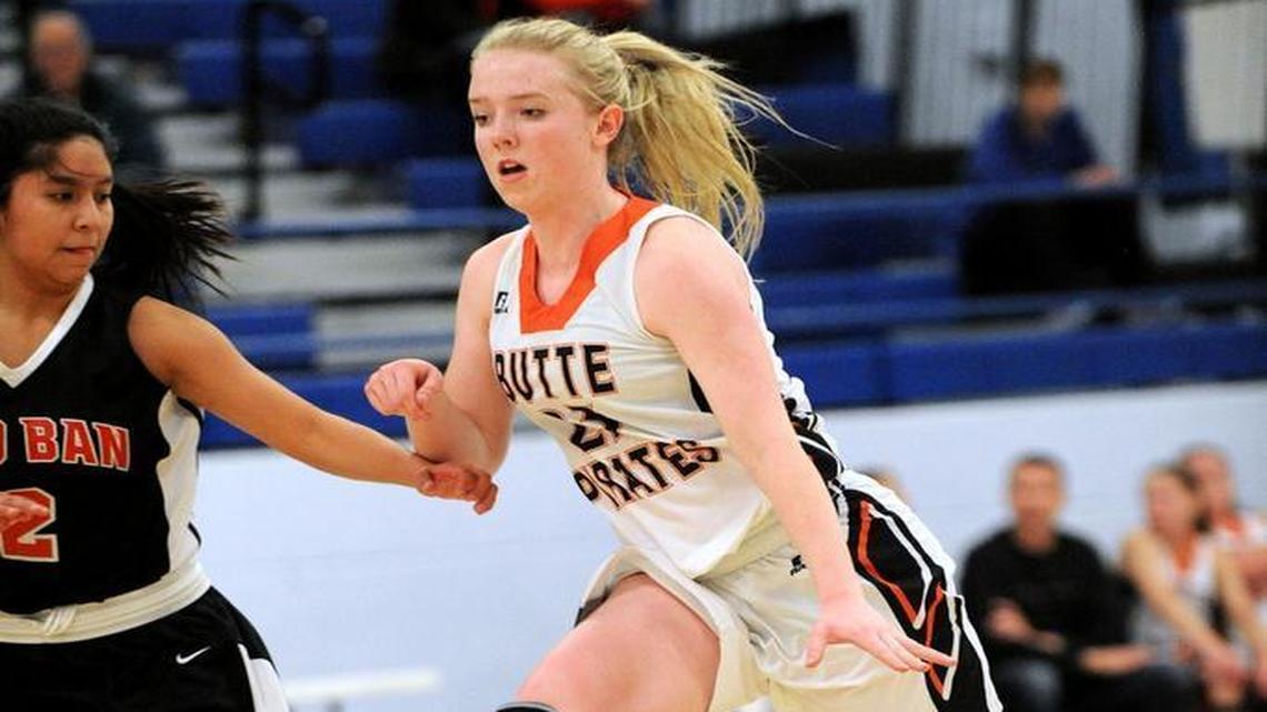 Butte County’s Macy Hansen drives past a Sho-Ban defender in the 1A Division II District Five-Six semifinals Feb. 2 at Firth High.
