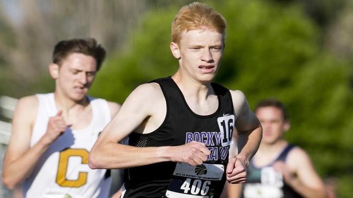 Michael Slagowski from Rocky Mountain High School leads a pack of runners on his way to winning the boys 1600m run during the 5A District 3 Track and Field meet at Meridian High School in Meridian, Idaho. May 08, 2015