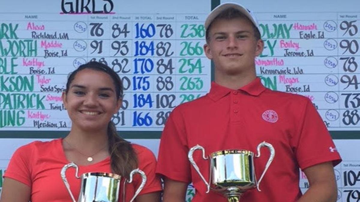 Jalayne Martinez, left, and Connor Johnstone pose with their first-place trophies from the Dropping Junior Golf Championships.