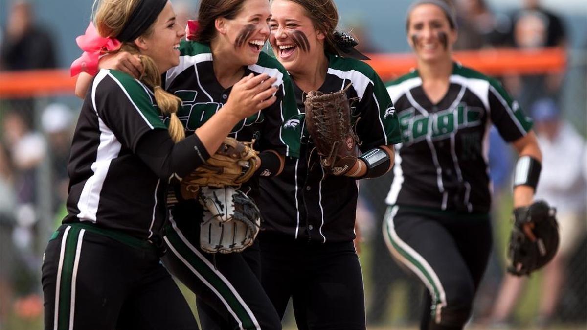 From left, Bradie Fillmore, Bentli Corta, and Autumn Moffat celebrate a win in the first game of the state 5A tournament at Post Falls High. Fillmore and Moffat both return for Eagle this season.