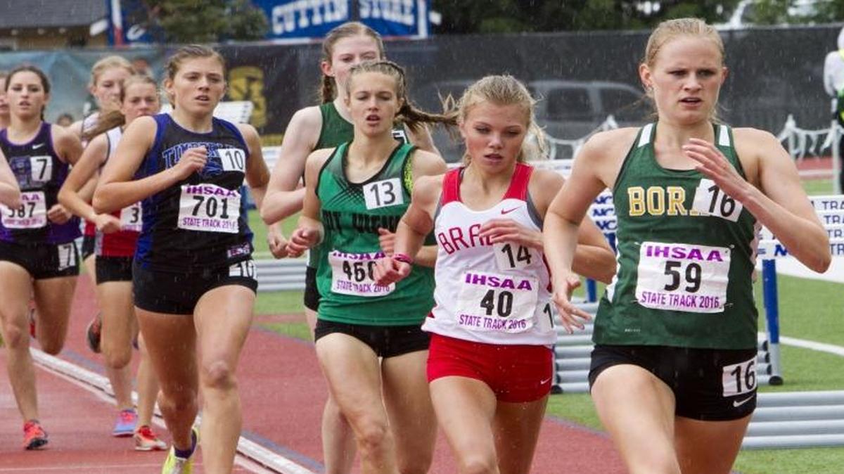 Borah senior Sara Christianson leads the 5A state girls 1,600 meters, winning the event in 4:53.86 on May 21 at Dona Larsen Park in Boise.
