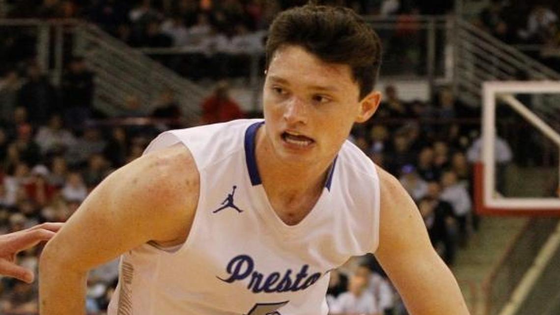 Preston’s Austin Smellie drives up the court during the second half of the 4A state championship against Bishop Kelly on March 5 at the Ford Idaho Center in Nampa.
