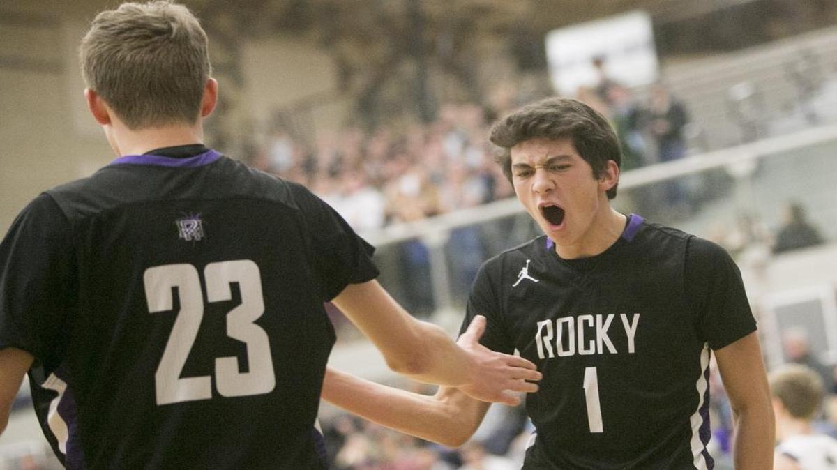 Rocky Mountain’s Kobe Terashima, right, slaps hands with teammate Hunter Ranstrom on Jan. 27 at Mountain View High.