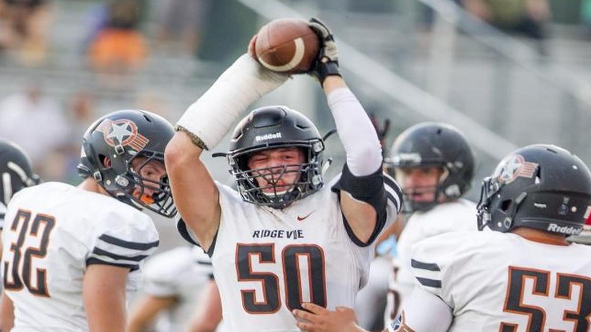 Ridgevue’s Ben Hyslop (50) celebrates recovering a fumble by Boise’s Emmett Plummer inside the 10-yard-line during their game Thursday at Dona Larsen Park. Ridgevue won 14-10.