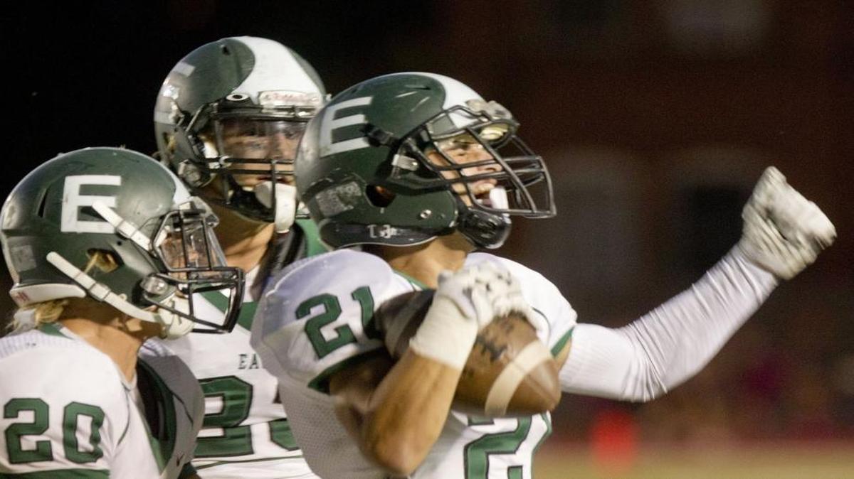 Eagle’s Cameron Hamrick celebrates an interception against Timberline on Sept. 29 at Dona Larsen Park.