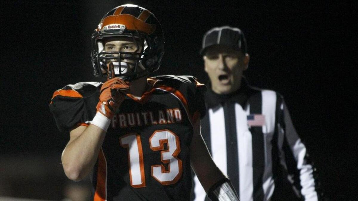 Fruitland’s Jordan Eggers shushes the crowd after scoring a touchdown during the 2016 3A state championship game. Eggers was a first-team 3A SRV selection this fall.