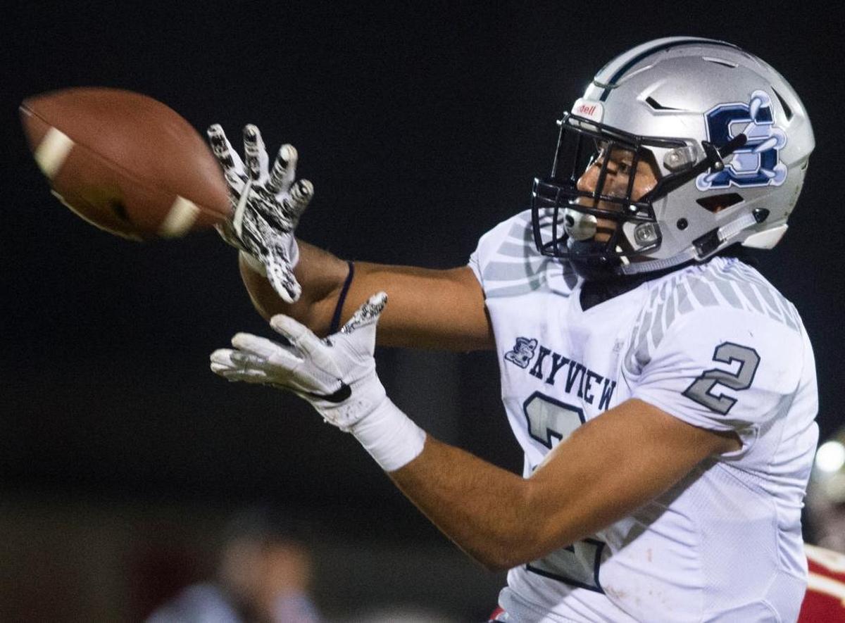 Skyview High wide receiver DeMonte Horton catches a pass Friday during the 4A state semifinal game at Minico in Rupert.