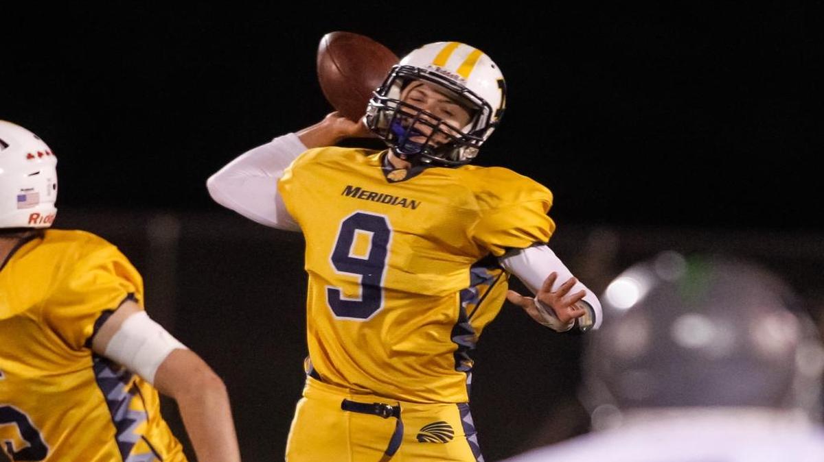 Meridian’s Isaac Hatvani winds up for a pass Oct. 7 vs. Mountain View. The Warriors’ starting quarterback, Nate Weddle, has returned from injury and allowed Hatvani to line up at his natural receiver position.