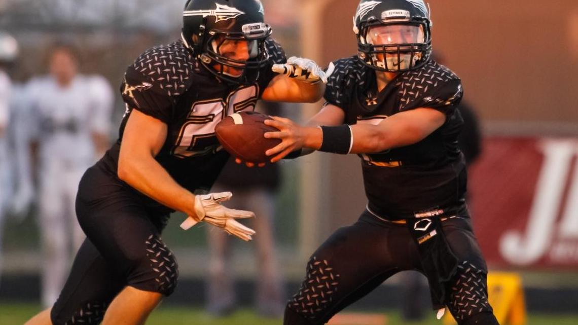 Quarterback Tyson Fuss, right, and running back Duston Taylor will help lead Kuna’s transition from the 4A classification to the 5A SIC.