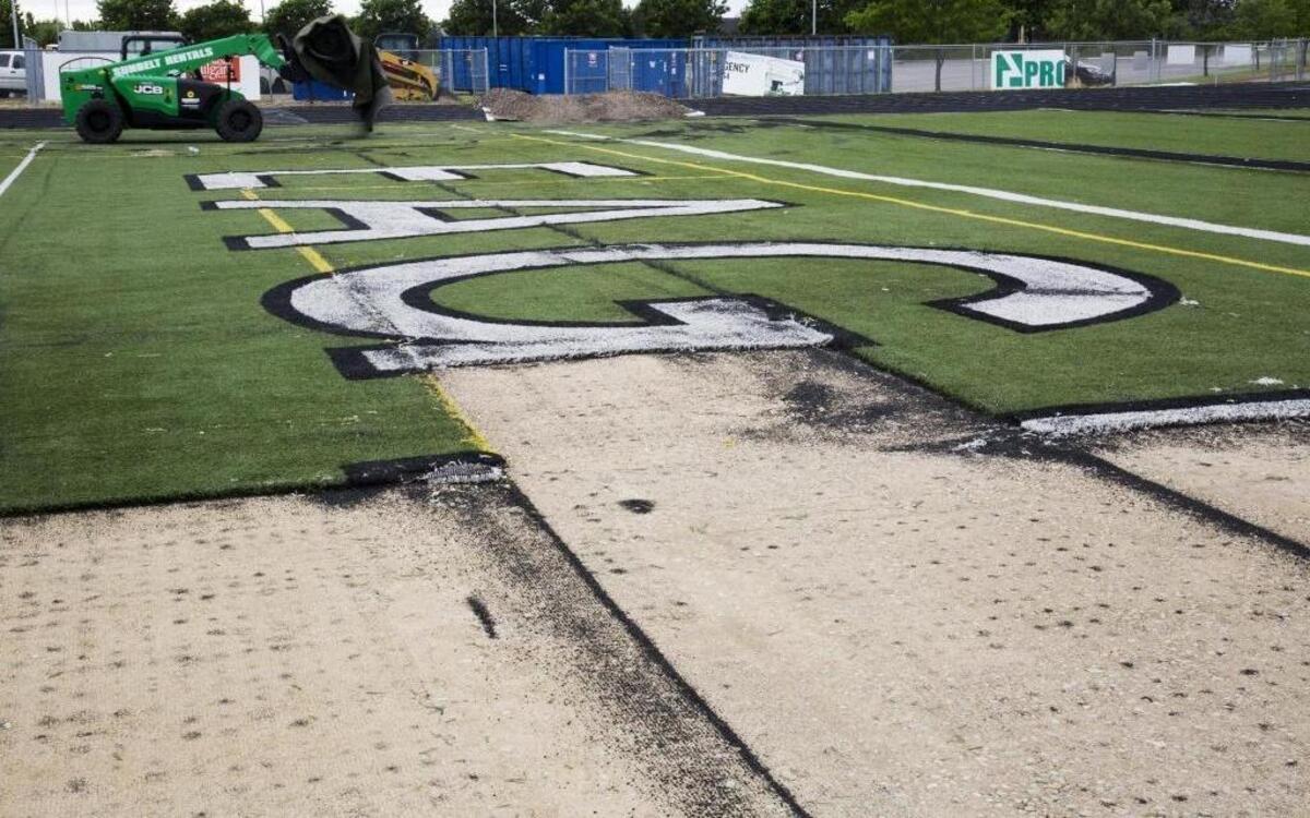 Crews began removing the old artificial turf at Eagle High’s Thunder Stadium in June.