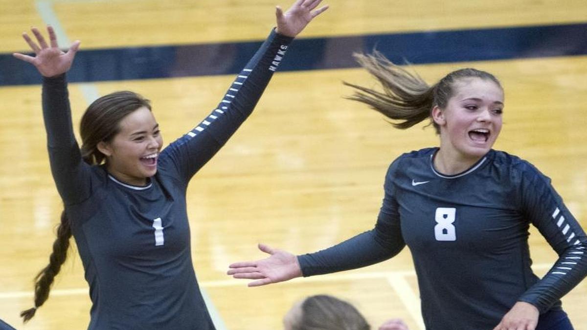 Hana Naito (1), Whitney Bower (8), Karen Murphy (5) and Olivia Bradley (4) celebrate a Skyview point Tuesday against Emmett.